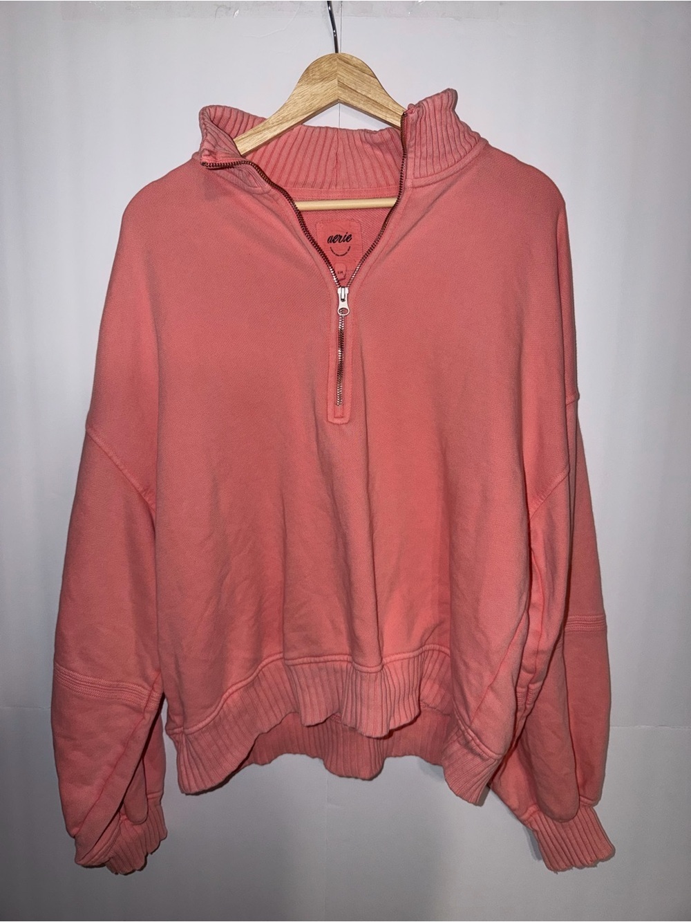 aerie Coral Half-Zip Ribbed Collar Sweatshirt